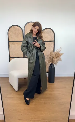 Nila long faux trench coat olive