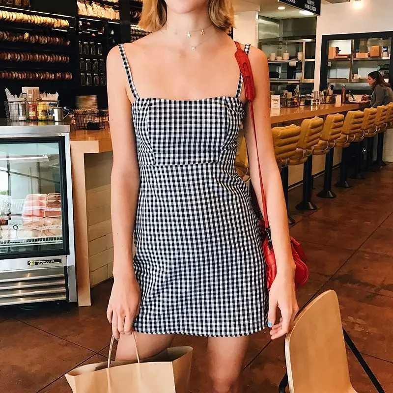 Retro Plaid Straight Neck Gingham Bodycon Dress