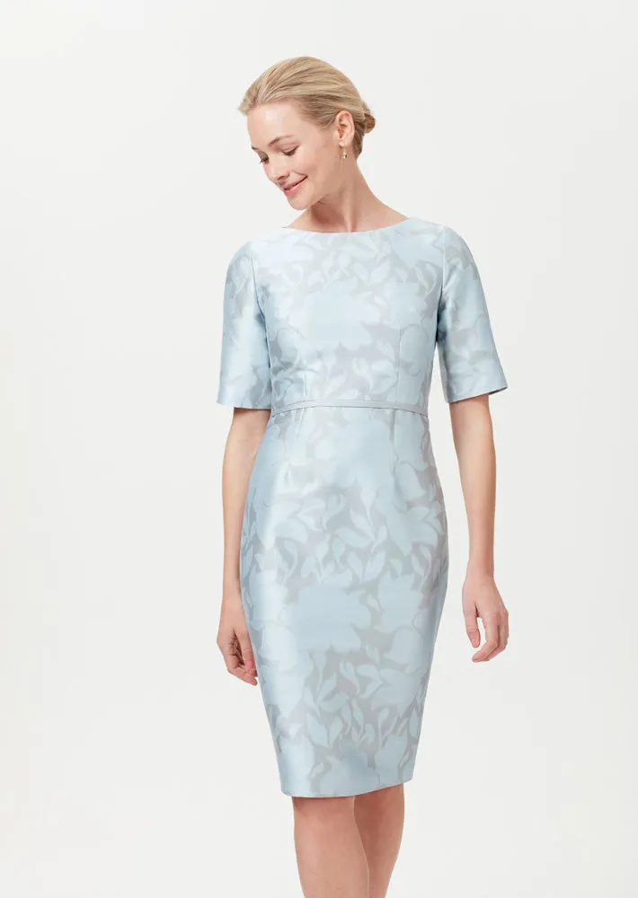 Sky Blue/Grey Silk Floral Jacquard Dress - Angie