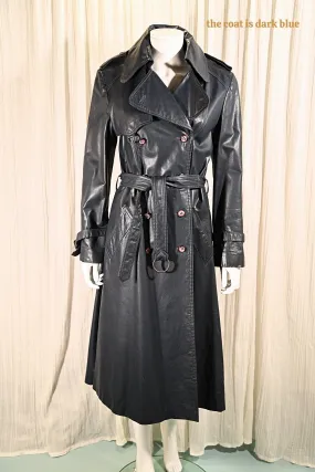 SOLD Vintage 70s Dark Blue Leather Trench Coat