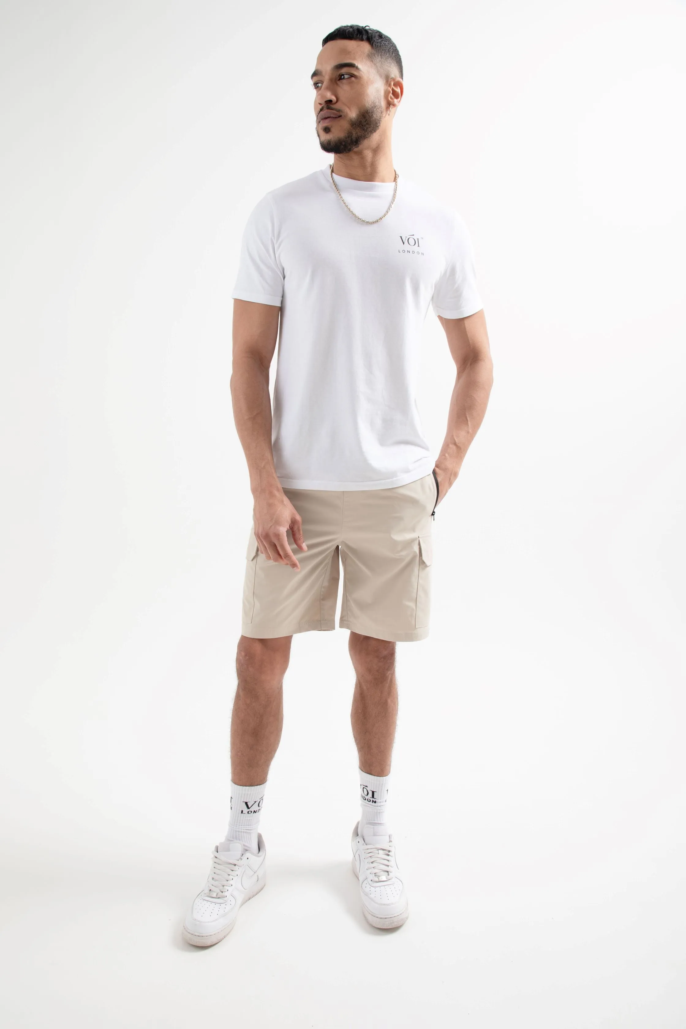 Tech Woven Cargo Shorts & T-Shirt Set- White / Stone