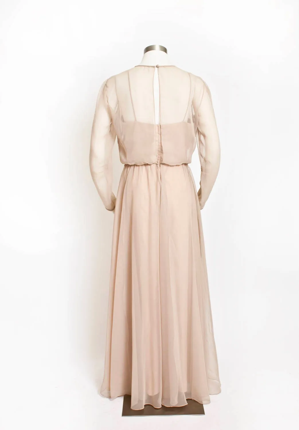 Vintage 1960s Dress MISS ELLIETTE Beige Coffee Chiffon Illusion Gown Medium M